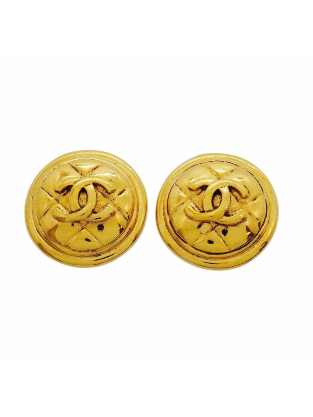 Chanel Earrings Vintage CC Logo Quilted Round Circle Gold Plated